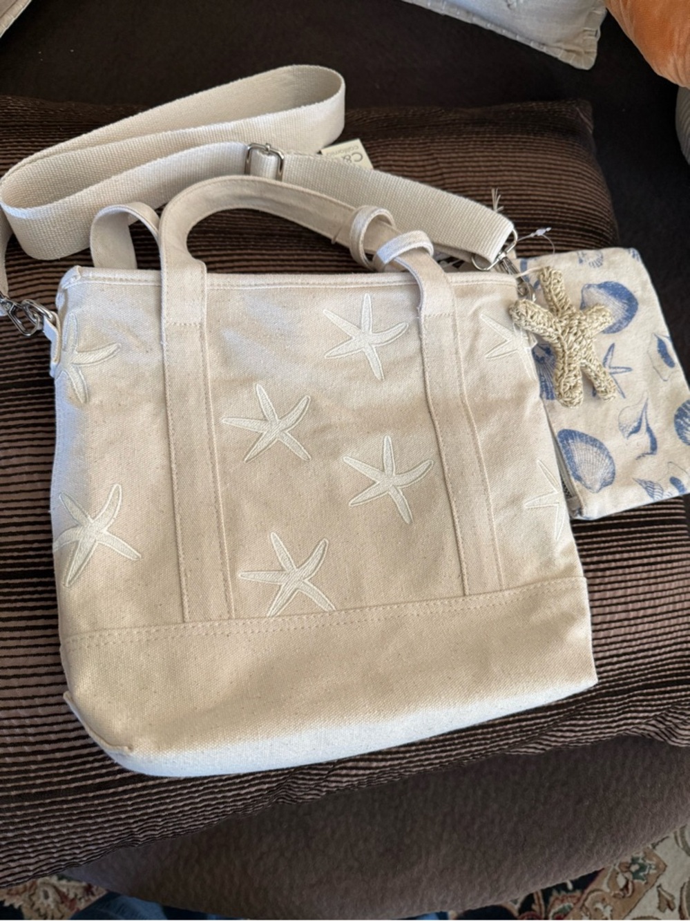 C&C California Starfish Embroidery Beige Tote Bag w/ Seashell Wristlet &…